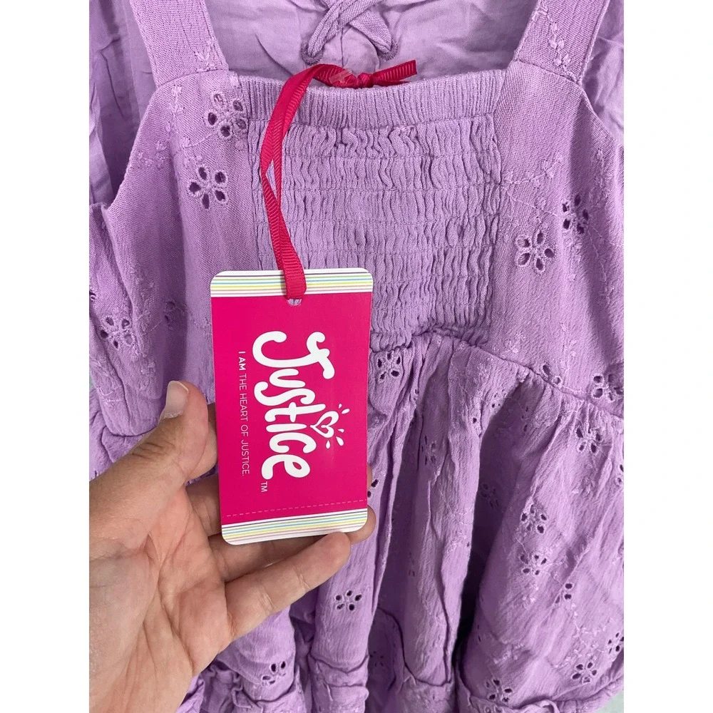 Justice Girls Tiered Eyelet Dress Violet Purple Lace Up Boho XS 5/6